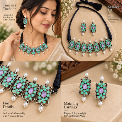 Oxidized necklace and earrings set by Uphar Handicrafts
Traditional Indian necklace with matching earrings
Antique silver-tone finish with decorative detailing
Metal alloy jewelry with stone and bead accents
Handcrafted necklace set for festive and traditional outfits
Matching necklace and earrings for special occasions
Uphar Handicrafts