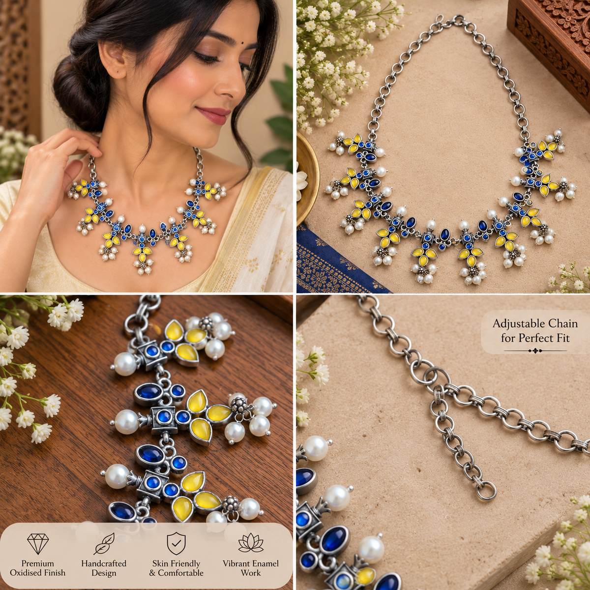 Oxidized necklace and earrings for ethnic wear
Traditional Indian-inspired handcrafted jewelry
Antique silver-tone metal alloy finish
Stone and bead accents add decorative detailing
Adjustable black thread tie-back necklace
Suitable for traditional outfits and festive occasions
Uphar Handicrafts