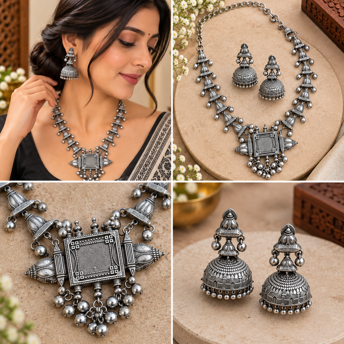 Oxidized necklace and earrings as a festive accessory
Traditional Indian-inspired handcrafted jewelry
Antique silver-tone metal alloy finish
Decorative stones and bead detailing
Adjustable black thread tie-back necklace
Suitable for Navratri, Diwali and cultural occasions
Uphar Handicrafts
