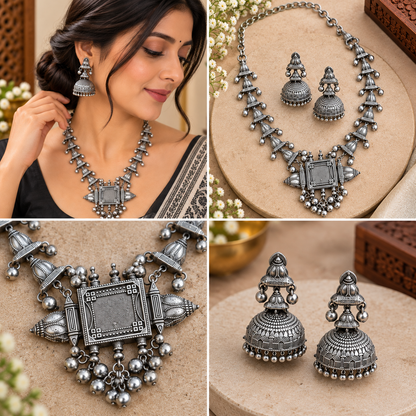 Oxidized necklace and earrings as a festive accessory
Traditional Indian-inspired handcrafted jewelry
Antique silver-tone metal alloy finish
Decorative stones and bead detailing
Adjustable black thread tie-back necklace
Suitable for Navratri, Diwali and cultural occasions
Uphar Handicrafts