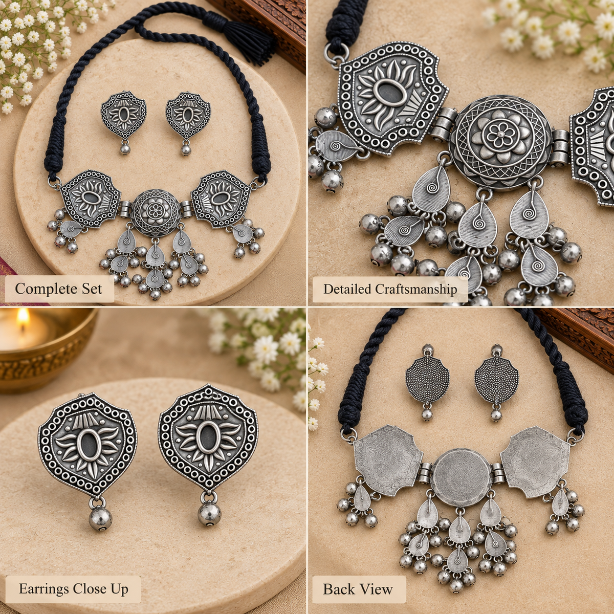 Oxidized necklace and earrings for Navratri
Traditional Indian jewelry for Garba celebrations
Antique silver-tone handcrafted necklace set
Decorative stones and beads add traditional detailing
Matching earrings for festive ethnic outfits
Indian-inspired jewelry for Navratri gatherings
Uphar Handicrafts