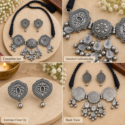 Oxidized necklace and earrings for Navratri
Traditional Indian jewelry for Garba celebrations
Antique silver-tone handcrafted necklace set
Decorative stones and beads add traditional detailing
Matching earrings for festive ethnic outfits
Indian-inspired jewelry for Navratri gatherings
Uphar Handicrafts