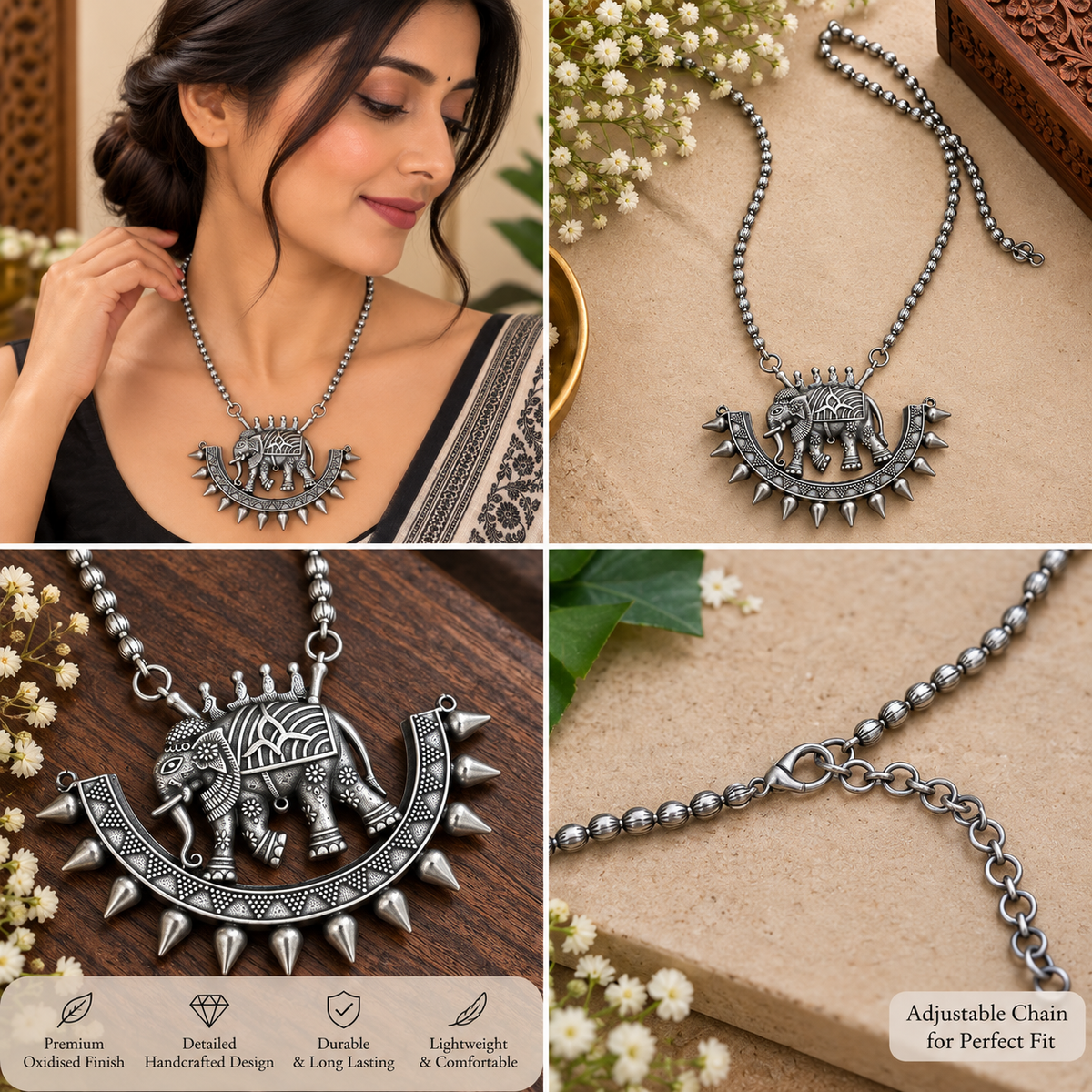 Oxidized necklace and earrings set for gifting
Traditional Indian-inspired handcrafted jewelry
Antique silver-tone finish with decorative accents
Metal alloy necklace with matching earrings
Stone and bead detailing for ethnic styling
Gift option for festivals, weddings and celebrations
Uphar Handicrafts
