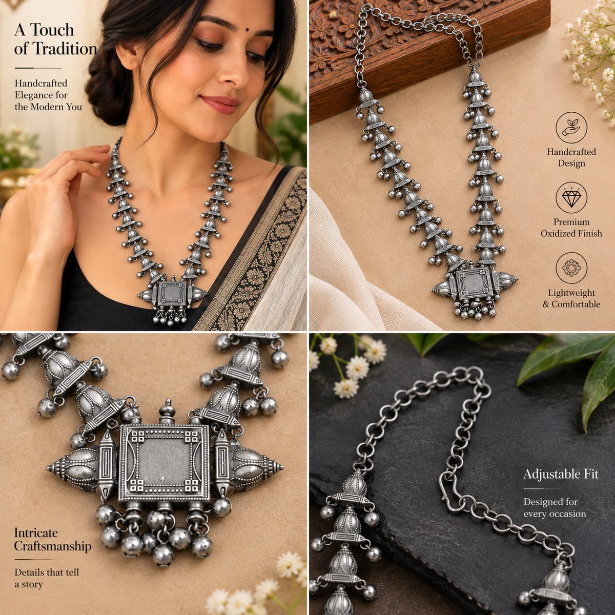 Oxidized necklace with a matching pair of earrings
Traditional Indian-inspired jewelry set of two pieces
Antique silver-tone metal alloy finish
Handcrafted and hand-finished decorative design
Stone and bead accents on the jewelry
Suitable for festive wear and gifting
Uphar Handicrafts