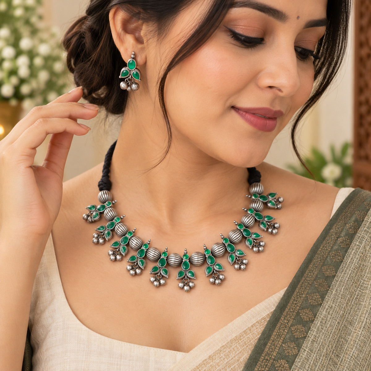 Oxidized necklace and earrings for Navratri Garba
Traditional Indian-inspired tribal jewelry
Antique silver-tone handcrafted metal alloy set
Decorative stone and bead accents
Matching earrings for festive ethnic outfits
Jewelry for Garba, cultural events and celebrations
Uphar Handicrafts