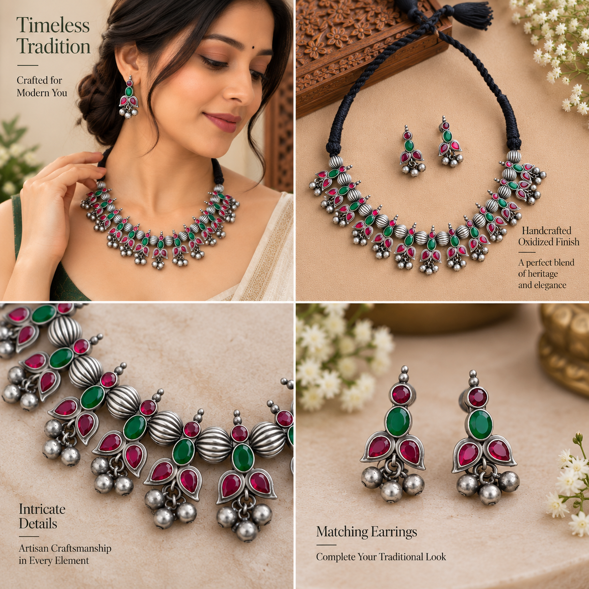 Oxidized necklace and earrings for party wear
Traditional Indian-inspired jewelry with antique finish
Handcrafted metal alloy necklace set
Decorative stone and bead detailing
Matching earrings for festive styling
Suitable for parties, weddings and celebrations
Uphar Handicrafts