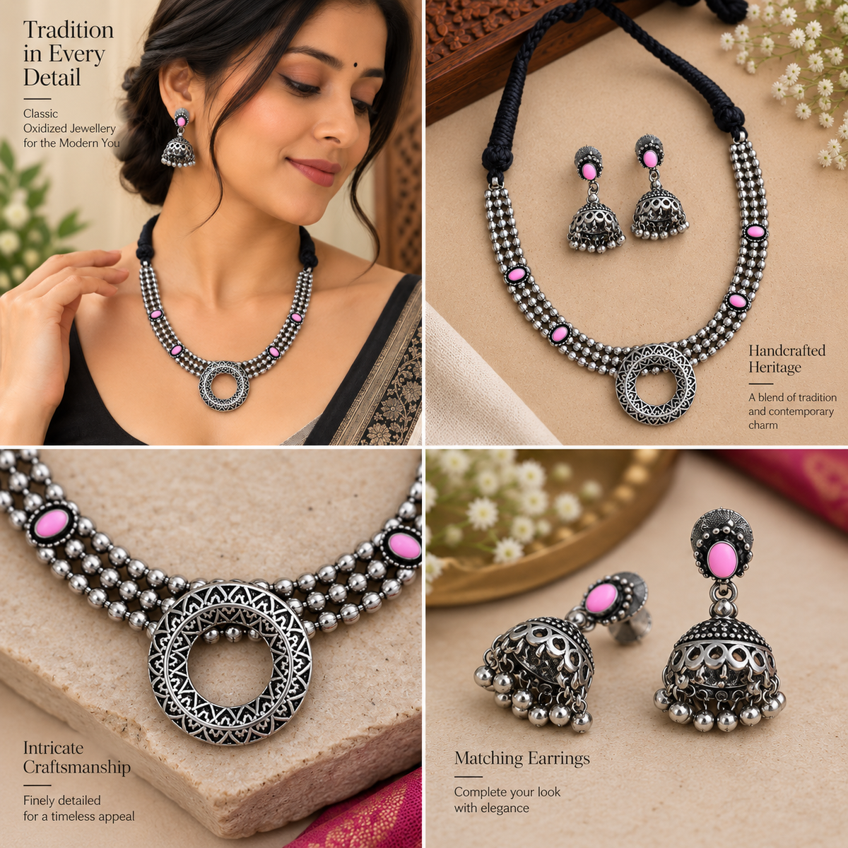 Oxidized necklace and earrings for party wear
Traditional Indian-inspired jewelry with antique finish
Handcrafted metal alloy necklace set
Decorative stone and bead detailing
Matching earrings for festive styling
Suitable for parties, weddings and celebrations
Uphar Handicrafts