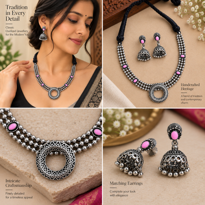 Oxidized necklace and earrings for party wear
Traditional Indian-inspired jewelry with antique finish
Handcrafted metal alloy necklace set
Decorative stone and bead detailing
Matching earrings for festive styling
Suitable for parties, weddings and celebrations
Uphar Handicrafts
