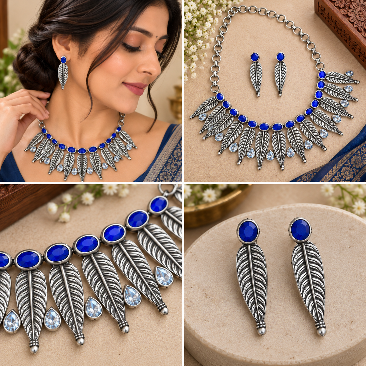 Oxidized silver-tone necklace and earrings set
Antique-look metal alloy jewelry with stone accents
Traditional tribal-inspired necklace design
Matching earrings with decorative bead detailing
Adjustable black thread tie-back closure
Handcrafted jewelry for festive and cultural occasions
Uphar Handicrafts