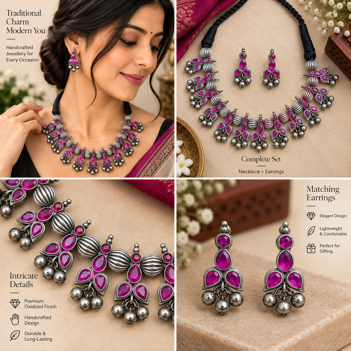 Oxidized necklace set with stone and bead accents
Traditional Indian necklace with matching earrings
Antique silver-tone metal alloy jewelry
Handcrafted and hand-finished decorative details
Adjustable black thread tie-back closure
Festive jewelry for traditional and ethnic outfits
Uphar Handicrafts