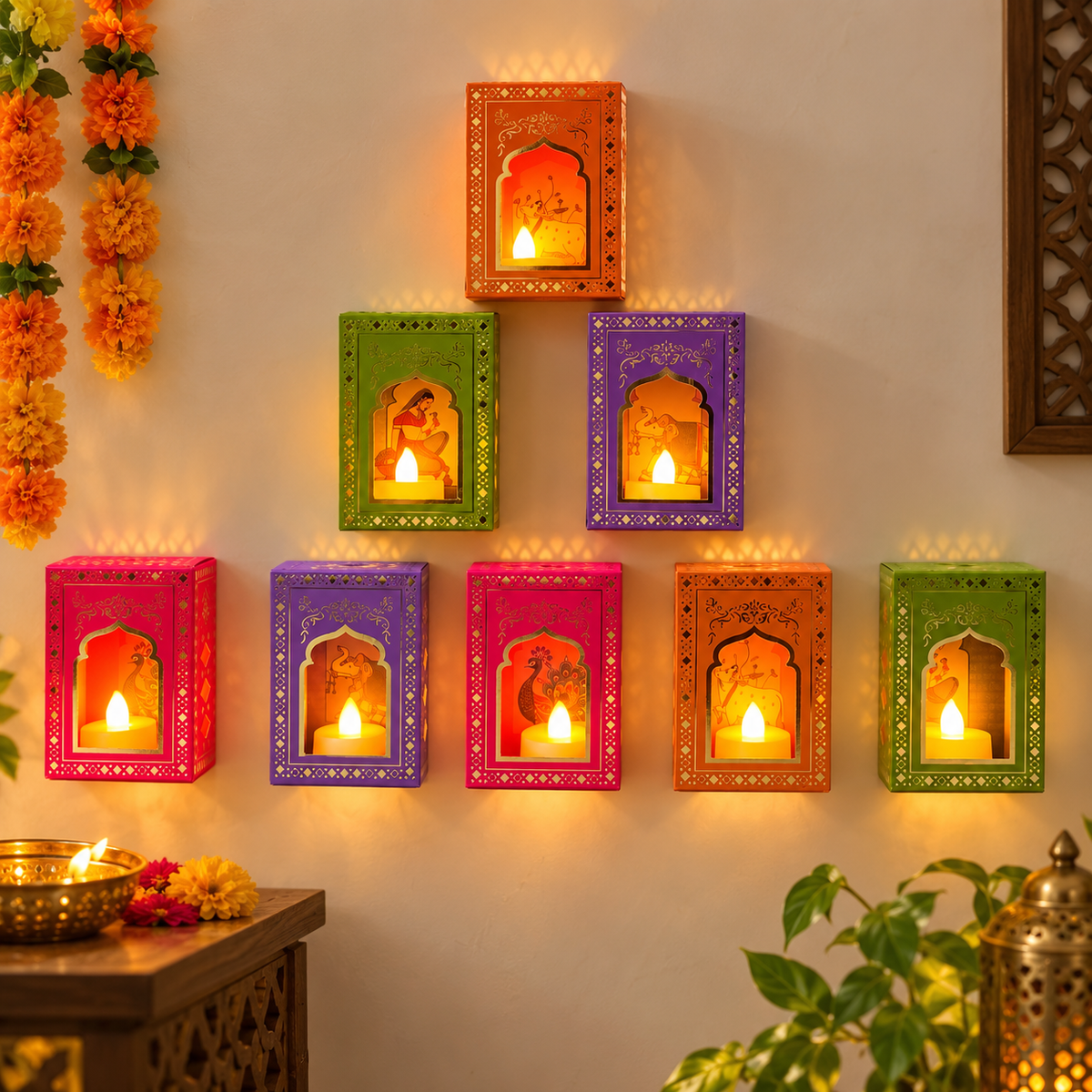 Paper Jharokha wall decor set
Set of eight handcrafted Jharokha frames
Traditional Indian festive wall decoration
Hand-painted folk art motifs
Gold detailing with cut-out borders
Uphar Handicrafts