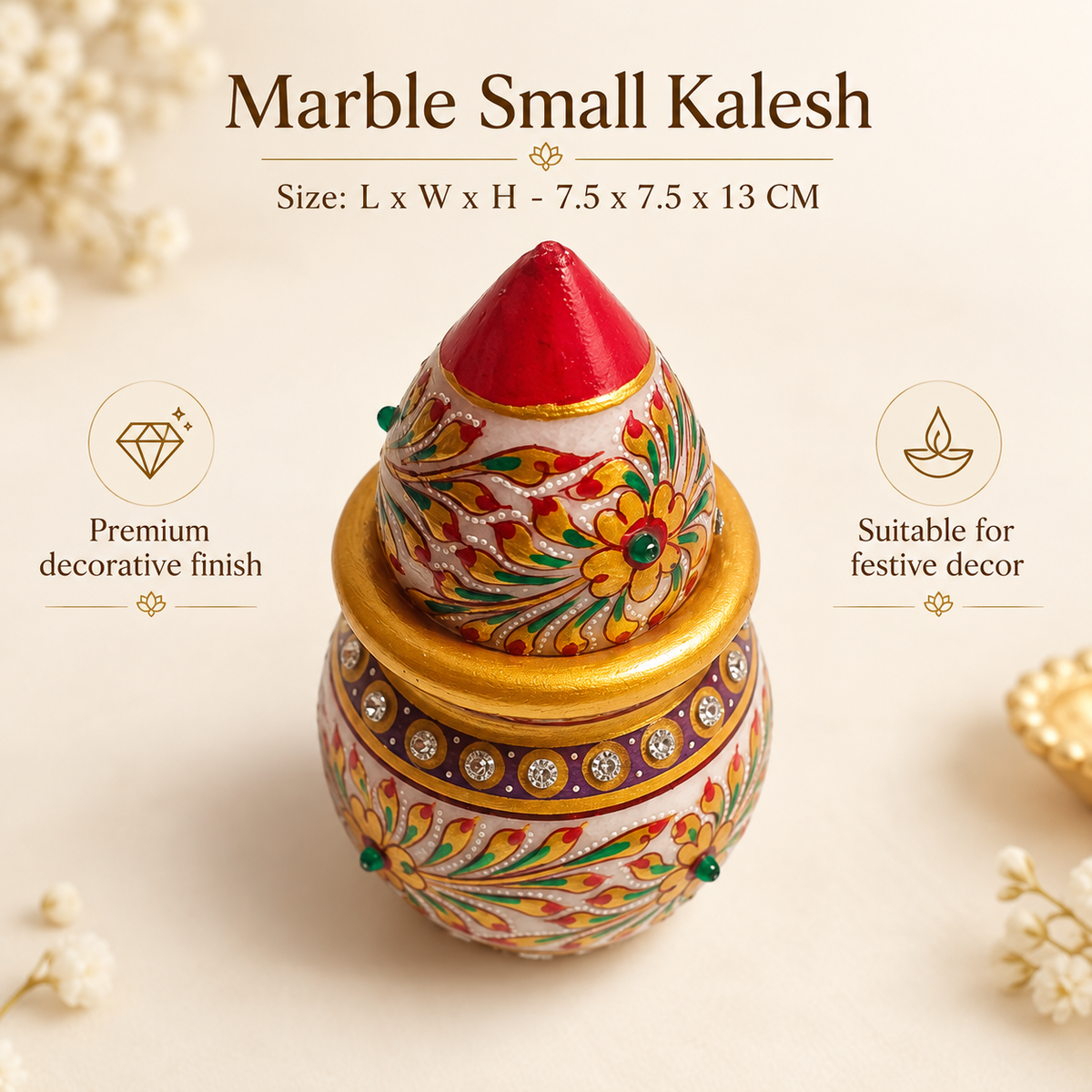 Peacock design marble Kalash for puja decoration
White marble body with colorful painted artwork
Gold-tone borders frame the decorative design
Stone embellishments enhance the traditional finish
Coconut-shaped top completes the Kalash silhouette
Indian-inspired accent for a home temple
Uphar Handicrafts