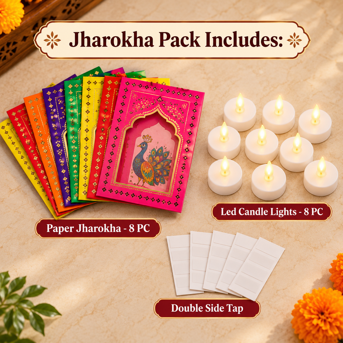 Peacock and elephant Jharokha wall decor
Hand-painted Indian folk art motifs
Paper Jharokha window frame set
Gold detailing with cut-out borders
Traditional festive home decoration
Uphar Handicrafts
