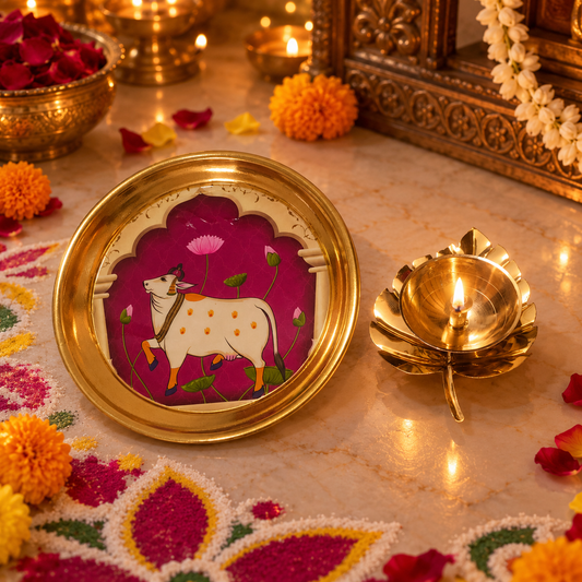 Brass puja thali featuring Pichwai-style cow artwork
Traditional cow motif surrounded by floral detailing
Polished brass plate paired with a lotus diya
Decorative set for religious rituals and aarti
Indian-inspired puja accessories for home worship
Suitable for festive altar arrangements
Uphar Handicrafts