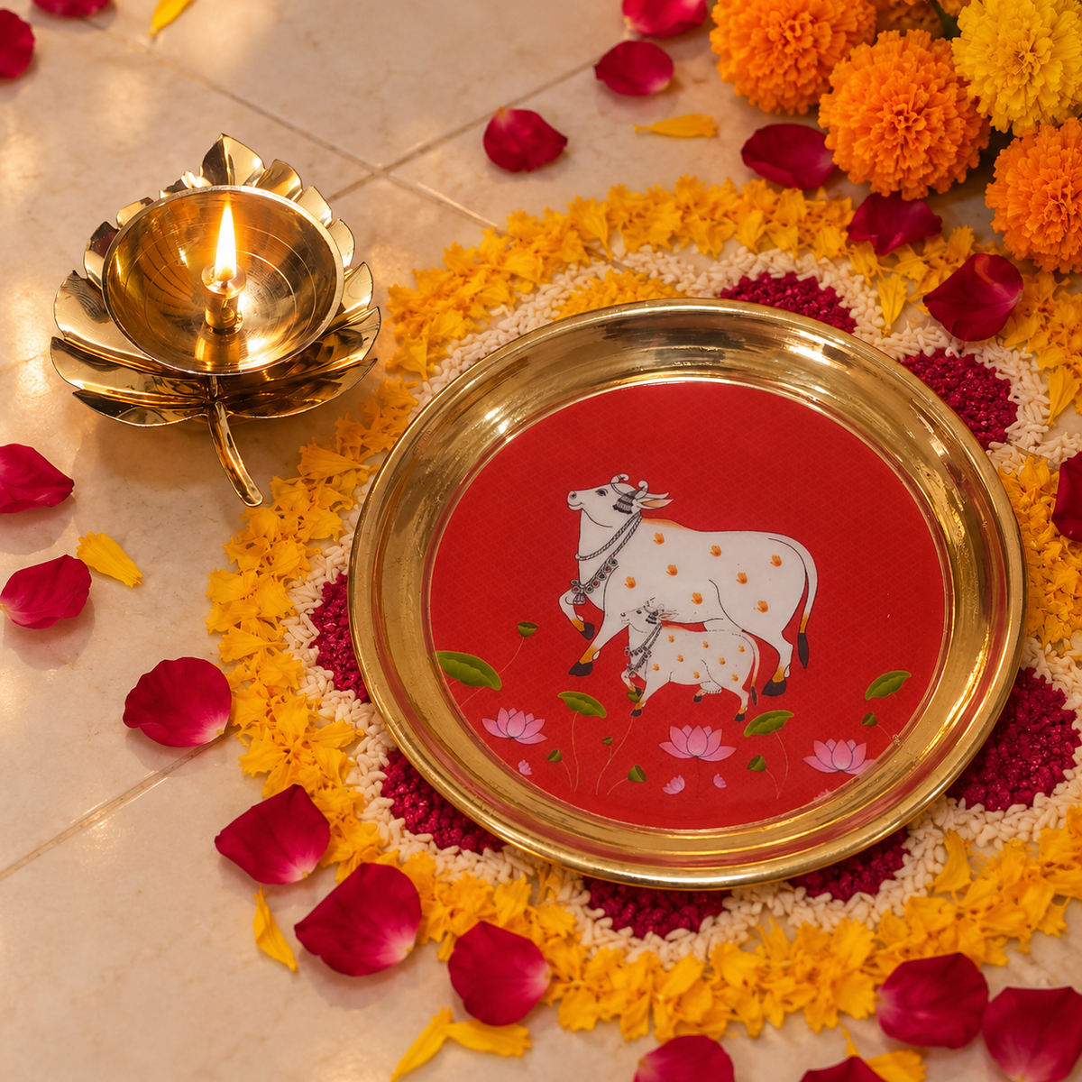 Pichwai-inspired brass puja plate and diya gift set
Cow artwork decorates the round brass plate
Floral motifs complement the traditional design
Open lotus-shaped diya included in the set
Gift idea for weddings and housewarmings
Festive Indian decor for religious celebrations
Uphar Handicrafts