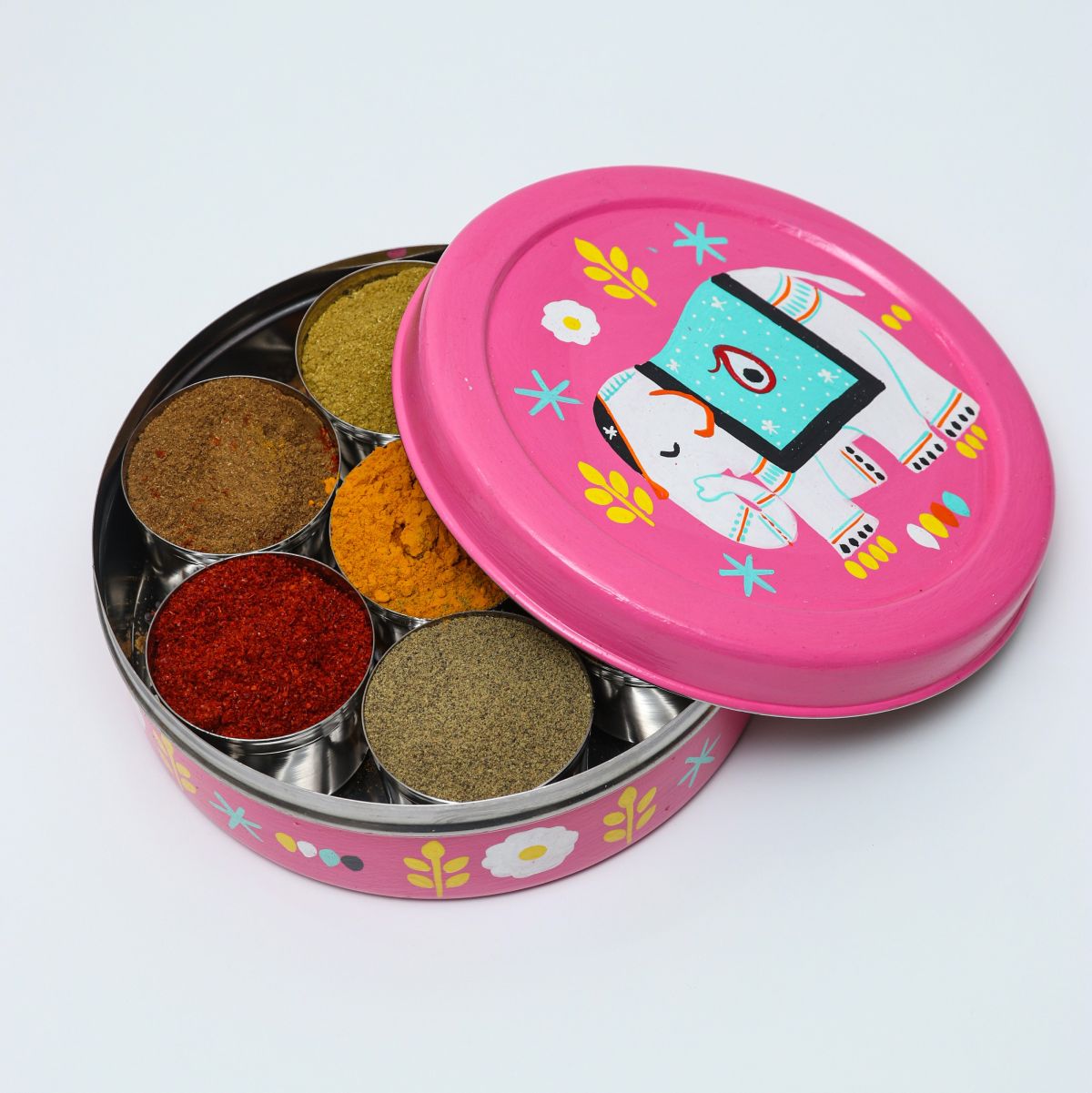 Pink Steel Masala Spice Box
Hand-Painted Indian Spice Container
Decorative Spice Storage Organizer
Traditional Kitchen Storage
Colorful Indian Kitchen Decor
Uphar Handicrafts