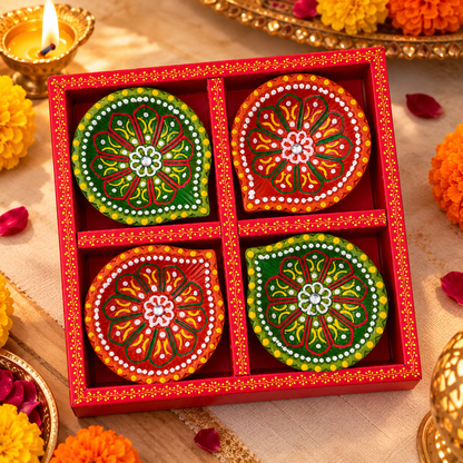 Printed gift box containing four handmade clay diyas
Traditional Indian diya gift set in decorative packaging
Green and red hand-painted diyas with floral designs
Decorative stone work on handmade festive diyas
Gift box set for Diwali, weddings and housewarmings
Handmade clay diya gift set for special occasions
Uphar Handicrafts