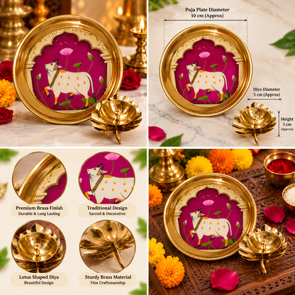 Purple Pichwai cow design brass puja plate
Hand-painted cow artwork with decorative floral details
Round brass plate paired with a lotus-shaped diya
Traditional Indian-inspired religious decor
Suitable for displaying flowers and prasad
Decorative set for puja shelves and festive occasions
Uphar Handicrafts