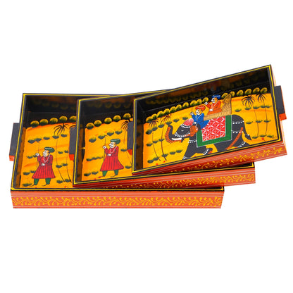 Rajasthani Wooden Serving Tray Set
Hand Painted Elephant Rider Design
Set of 3 Decorative Trays
Small Medium Large Sizes
Traditional Indian Serving Decor
Uphar Handicrafts