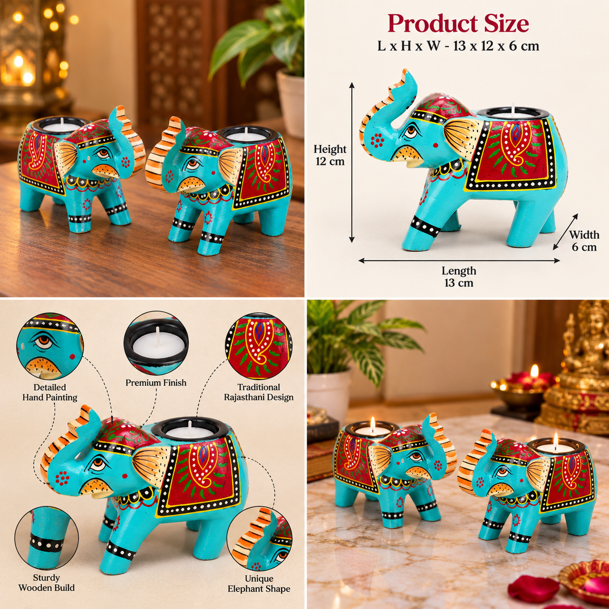 Rajasthani wooden elephant tealight holder
Hand-painted wooden elephant design
Standing elephant with trunk raised
Tealight cup positioned on the back
Traditional Indian-inspired table decor
Handcrafted festive candle holder
Uphar Handicrafts