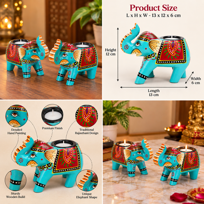 Rajasthani wooden elephant tealight holder
Hand-painted wooden elephant design
Standing elephant with trunk raised
Tealight cup positioned on the back
Traditional Indian-inspired table decor
Handcrafted festive candle holder
Uphar Handicrafts