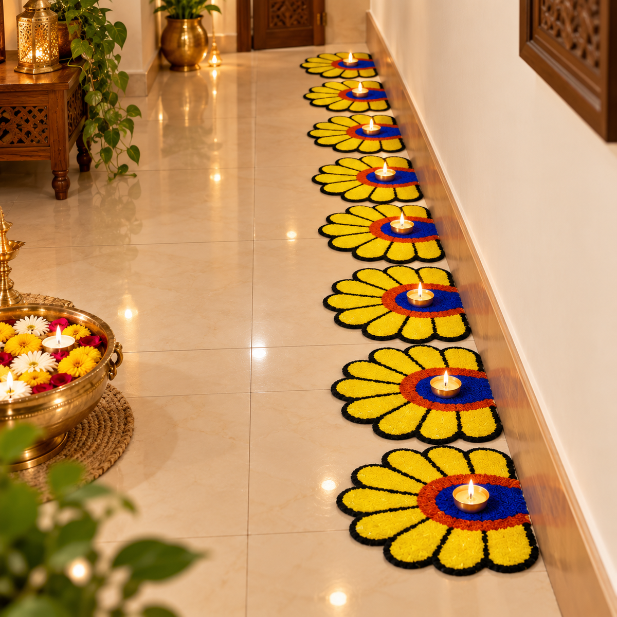 Rangoli mat for colorful festive home decoration
Traditional Indian-inspired design for Diwali
Reusable floor décor for entrances and pooja areas
Suitable for housewarmings and Indian festivals
Decorative alternative to loose rangoli powders
Uphar Handicrafts