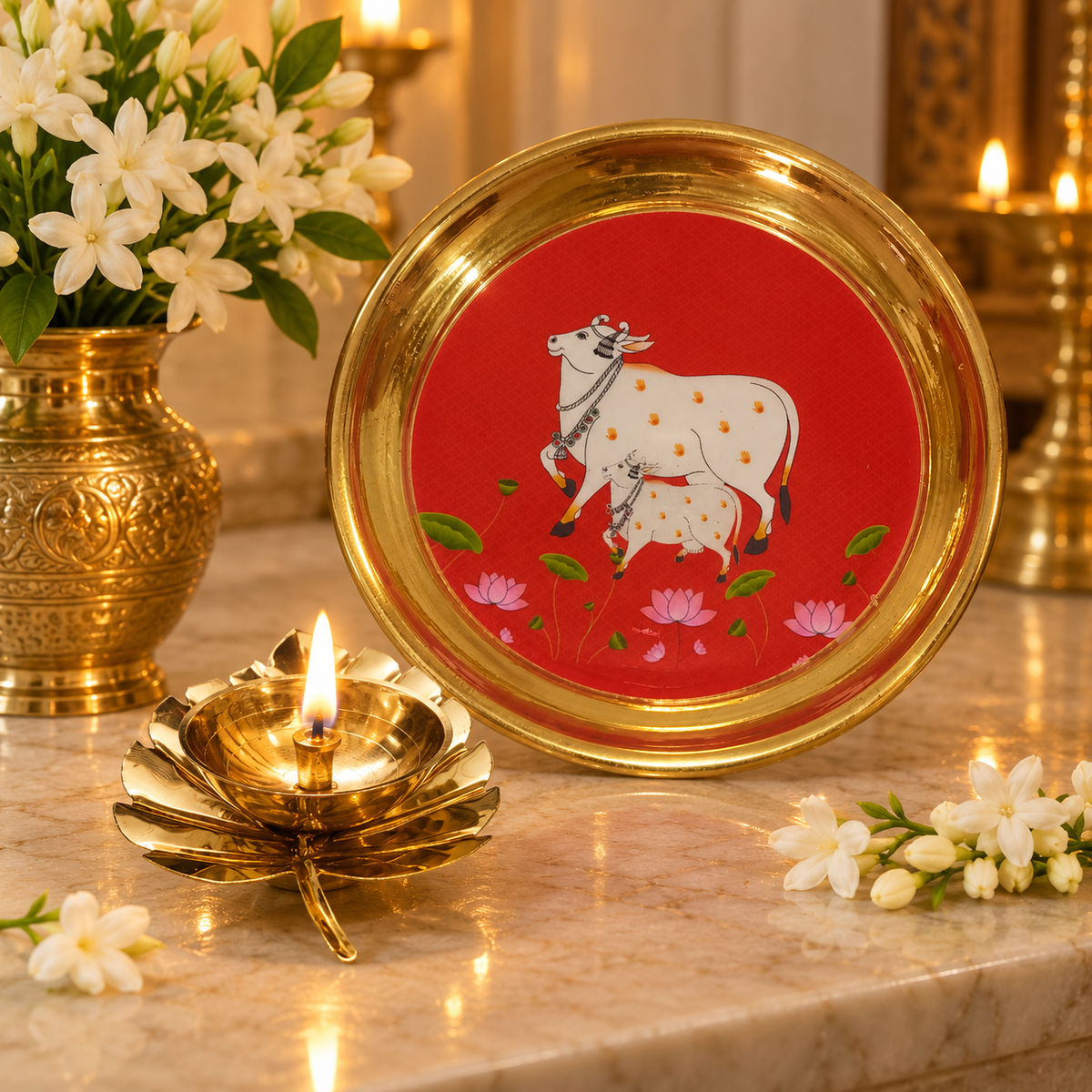 Red Cow and Calf design brass puja plate
Traditional cow and calf artwork on a round plate
Floral detailing in a Pichwai-inspired style
Paired with an open lotus-shaped brass diya
Handcrafted decorative set for Indian rituals
Suitable for festive worship and gifting
Uphar Handicrafts