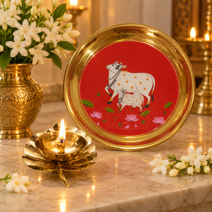 Red Cow and Calf design brass puja plate
Traditional cow and calf artwork on a round plate
Floral detailing in a Pichwai-inspired style
Paired with an open lotus-shaped brass diya
Handcrafted decorative set for Indian rituals
Suitable for festive worship and gifting
Uphar Handicrafts