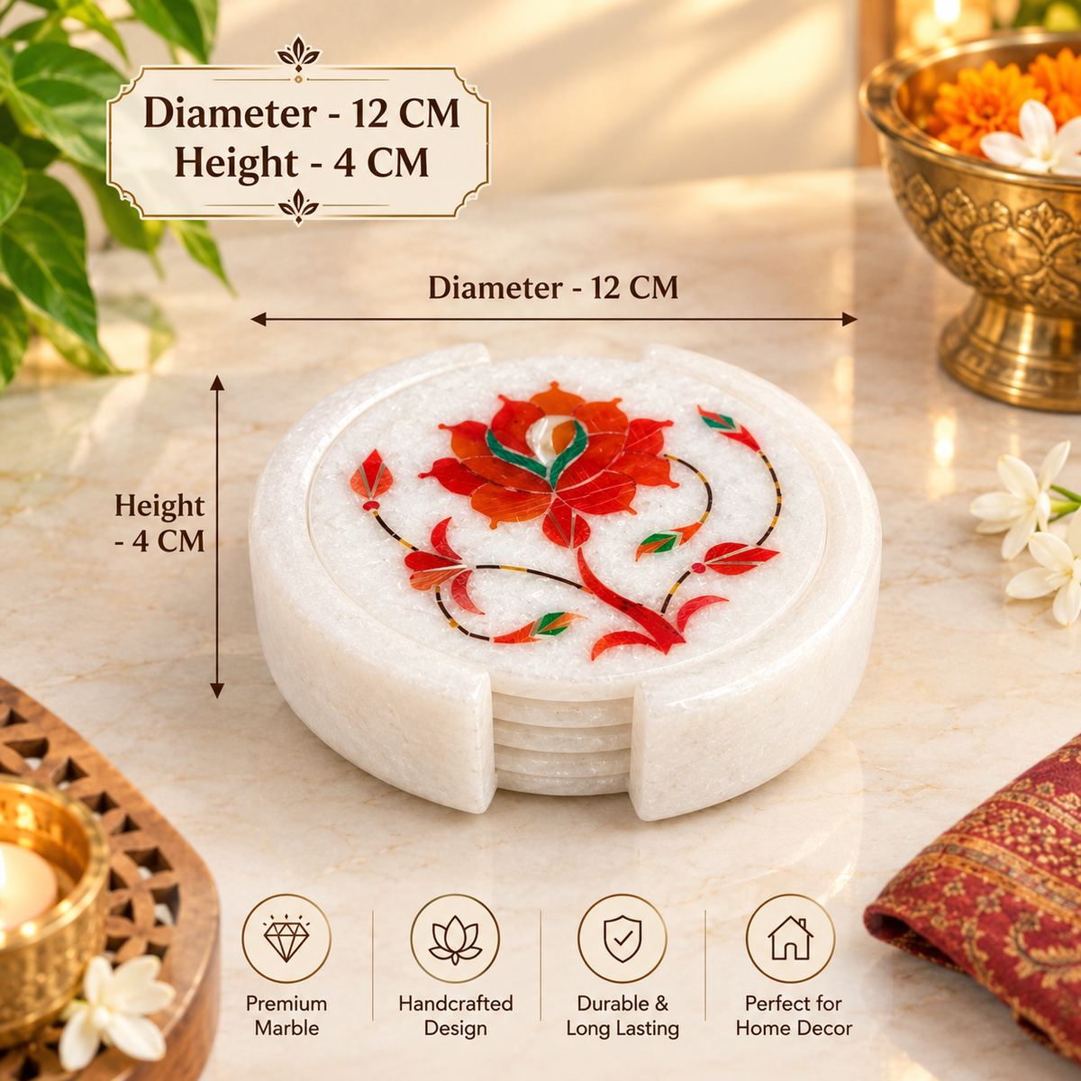 Red floral inlay marble coasters
Set of 6 round coasters with holder
White marble with floral inlay
Floral vine pattern on coasters
Handcrafted Indian-inspired decor
Marble coaster set for table decor
Uphar Handicrafts