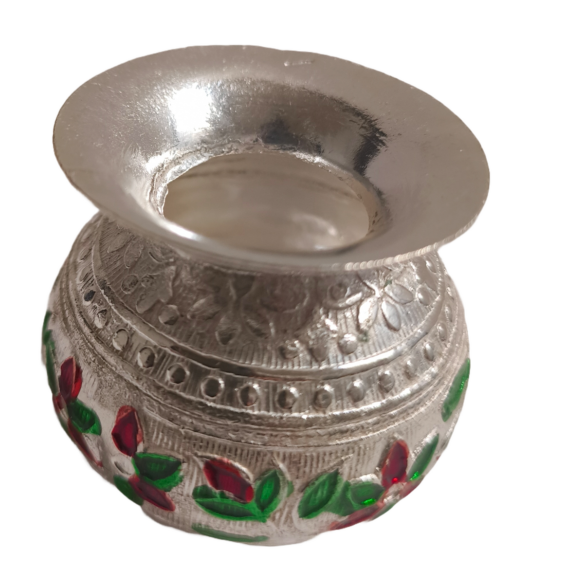 Red Green Enamel Pooja Lota
Small German Silver Religious Pot
Embossed Floral Traditional Design
Holy Water and Panchamrit Holder
Home Temple and Travel Pooja Decor
Diwali Return Gift and Festive Gift
Uphar Handicrafts