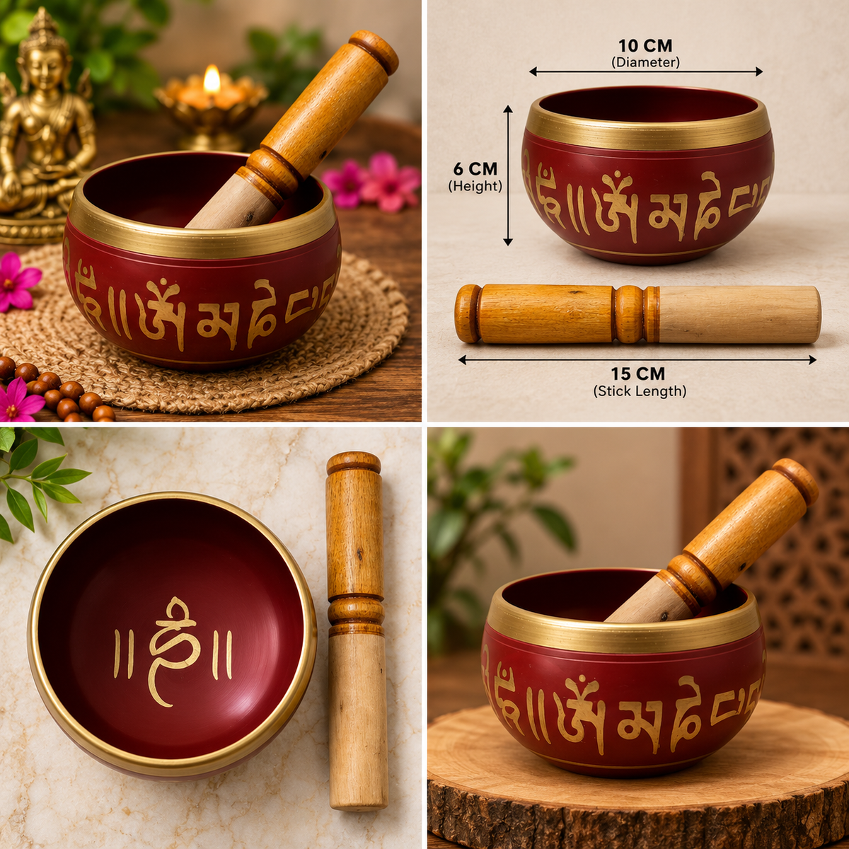 Red Handcrafted Tibetan-inspired singing bowl by Uphar Handicrafts
Round metal bowl with painted decorative exterior
Gold-tone rim and lettering add traditional detailing
Hand-finished spiritual accessory with a wooden mallet
Five-inch singing bowl for a personal meditation area
Decorative bowl suitable for a desk or puja space
Uphar Handicrafts