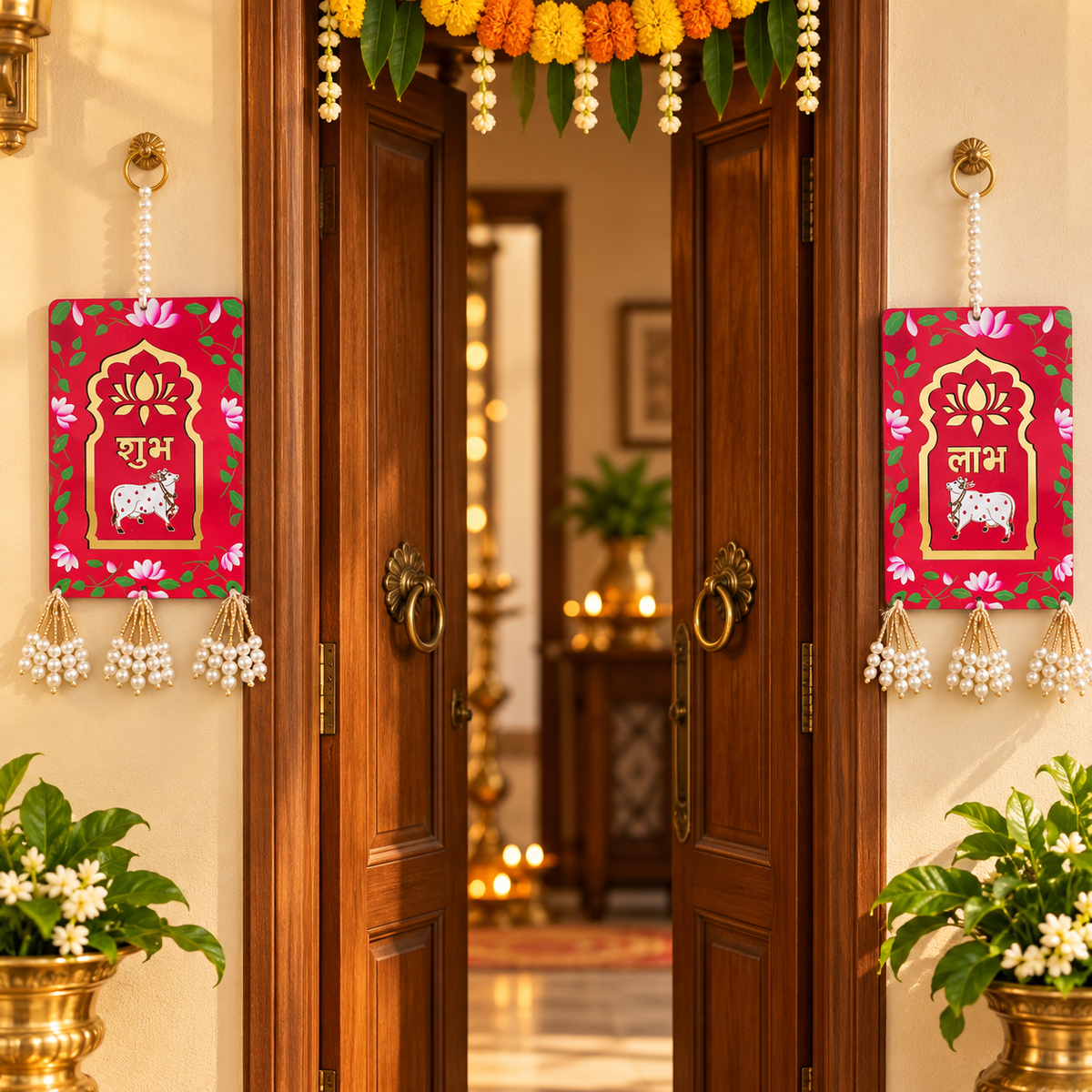 Red Shubh Labh wall hanging
Traditional Indian festive wall decor
Hand-painted MDF wood panels
Floral border detailing
Pearl style beads and tassels
Uphar Handicrafts