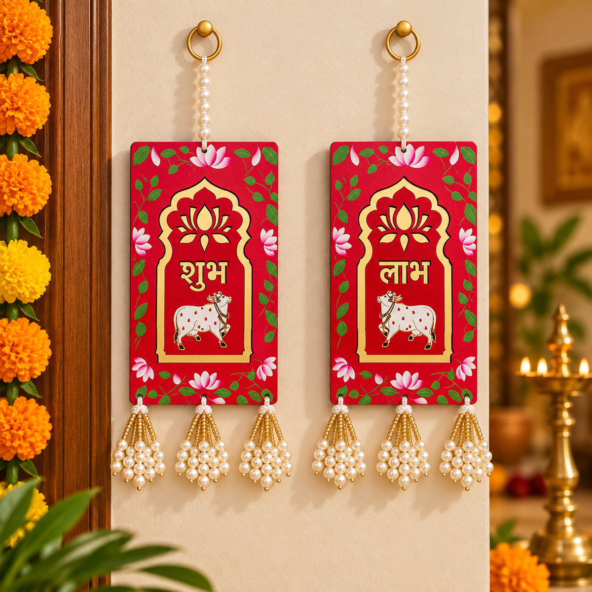 Red Shubh Labh wall hanging
Hand-painted traditional Indian decor
MDF wood festive wall panels
Pearl style beaded loop
Bead tassel Shubh Labh decoration
Uphar Handicrafts