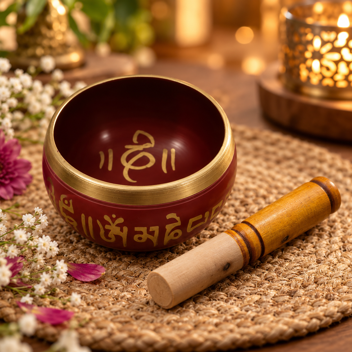Red Tibetan singing bowl and wooden mallet set by Uphar Handicrafts
One round metal singing bowl with one wooden striker
Traditional bowl featuring Tibetan-style decorative lettering
Painted exterior with gold-tone polished rim
Handcrafted meditation set for yoga and relaxation
Compact five-inch bowl for a puja or meditation space
Uphar Handicrafts