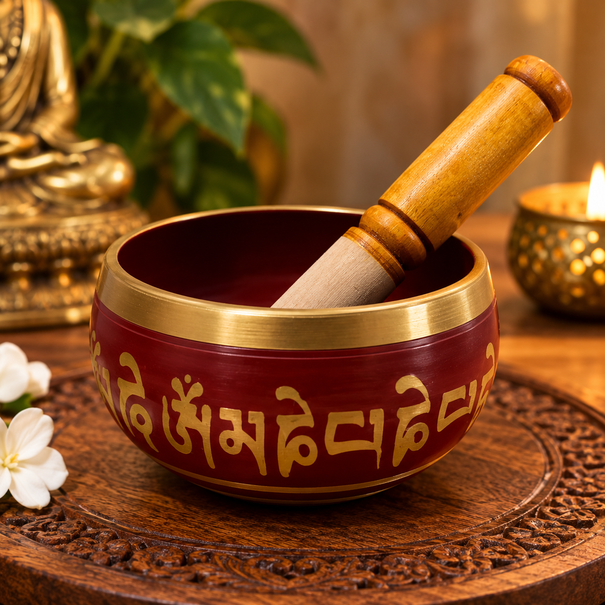 Red Tibetan singing bowl for yoga and relaxation by Uphar Handicrafts
Traditional metal bowl supplied with a wooden mallet
Painted exterior with gold-tone lettering and polished rim
Tibetan-inspired design for a calm personal space
Handcrafted five-inch bowl for meditation settings
Spiritual accessory for yoga and wellness gifting
Uphar Handicrafts