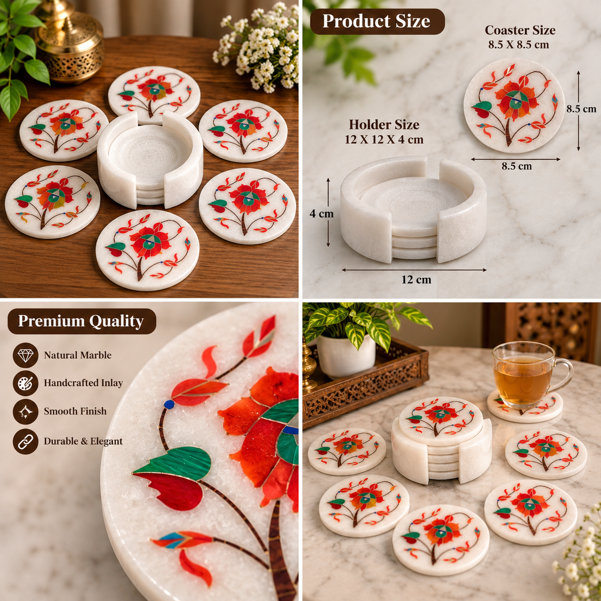 Round marble coasters with floral vine design
White marble with hand-inlaid motifs
Set of 6 coasters and 1 holder
Approximately 12 cm coaster diameter
Polished natural stone finish
Mughal-inspired home decor
Uphar Handicrafts