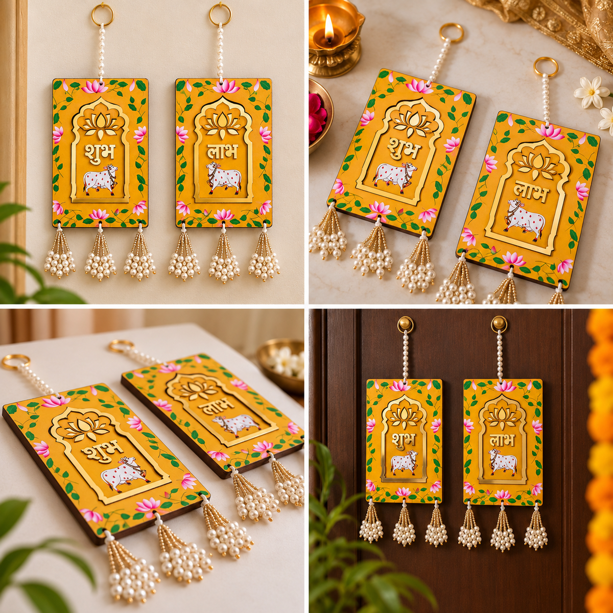 Shubh Labh Diwali decoration
Traditional Indian festive wall hanging
Set of two decorative panels
Hand-finished painted MDF wood
Beaded loops and bead tassels
Uphar Handicrafts