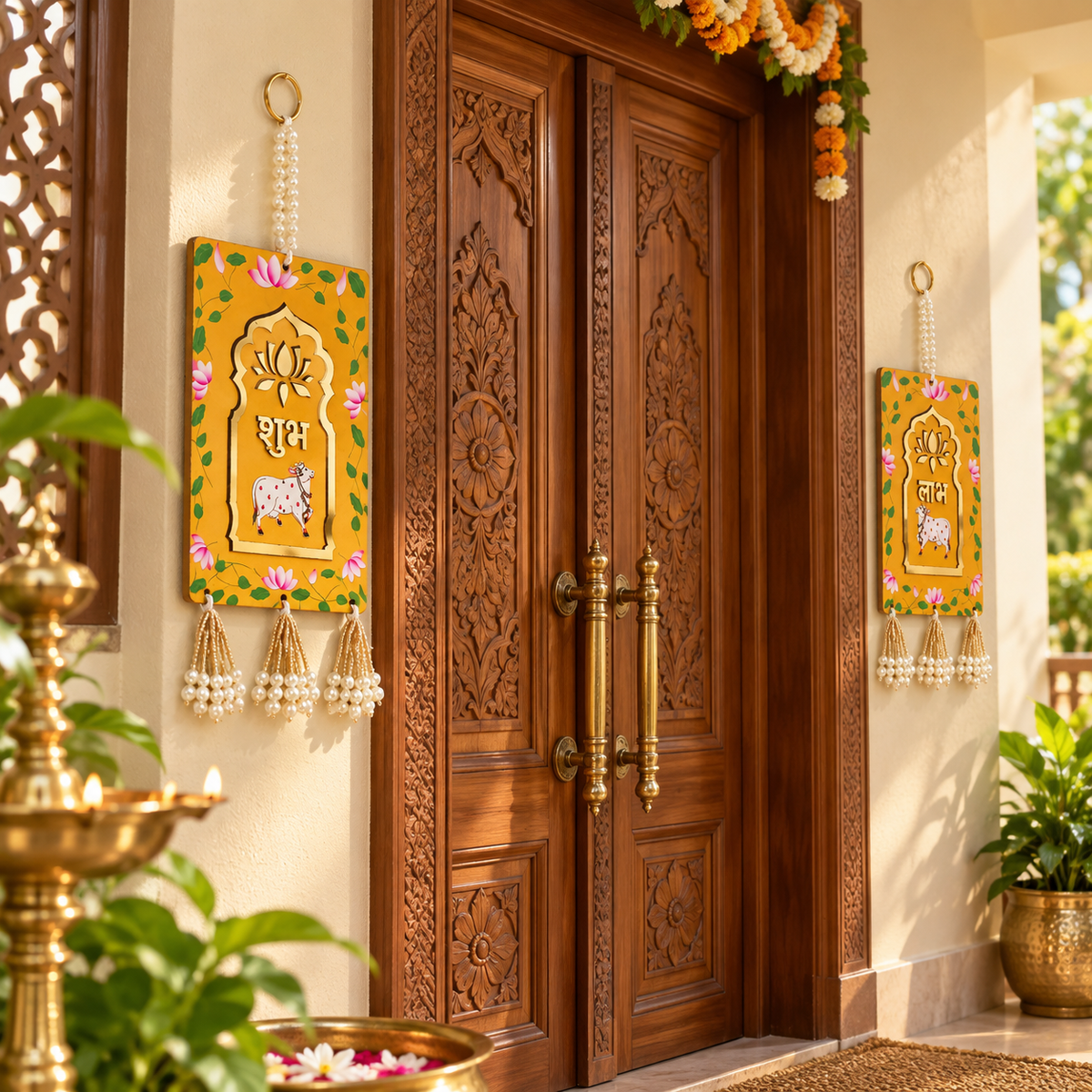 Shubh Labh housewarming wall decor
Traditional Indian decorative hanging
Handcrafted MDF wood panels
Floral painted border detailing
Pearl style beaded hanging loop
Uphar Handicrafts