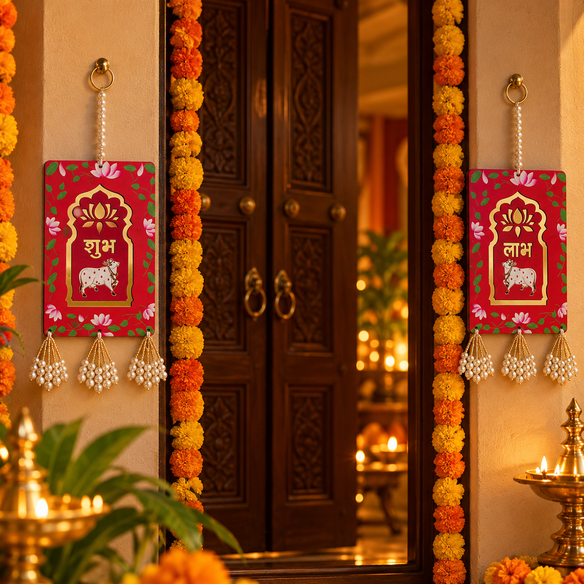 Shubh Labh wall hanging set
Traditional Indian festive wall decor
Set of two Shubh and Labh hangings
Hand-painted MDF wood panels
Pearl style beads and bead tassels
Uphar Handicrafts