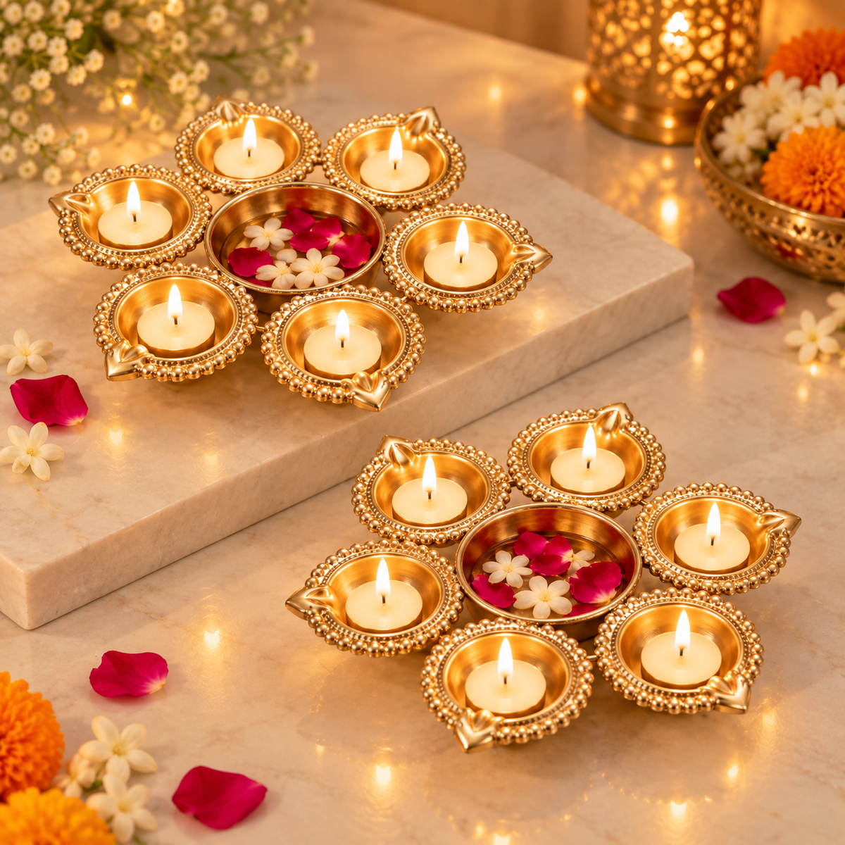 Six diya cup tealight holder
Flower arrangement with center bowl
Gold tone brass metal finish
Handcrafted Indian festive decor
Fits standard tealight candles
Uphar Handicrafts