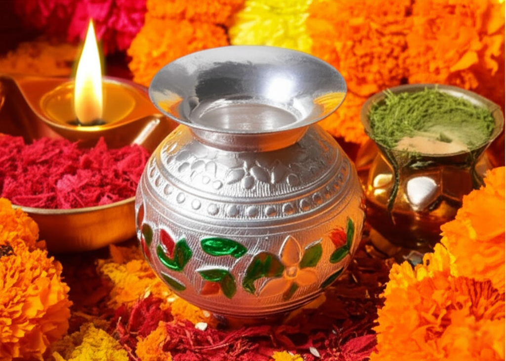 Small German Silver Loti Pot
Traditional Indian Pooja Lota
Red Green Embossed Floral Design
Compact Hindu Ritual Accessory
Home Mandir and Travel Pooja Kit
Diwali and Housewarming Gift
Uphar Handicrafts