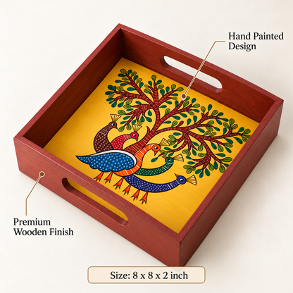 Square wooden serving tray with a hand-painted peacock design
Central folk art artwork featuring a peacock and tree
Polished wooden frame with convenient cut-out side handles
Handcrafted tray measuring approximately 8 inches long and wide
Suitable for serving tea, snacks, dry fruits and sweets
Indian-inspired decorative tray for everyday use and special occasions
Uphar Handicrafts
