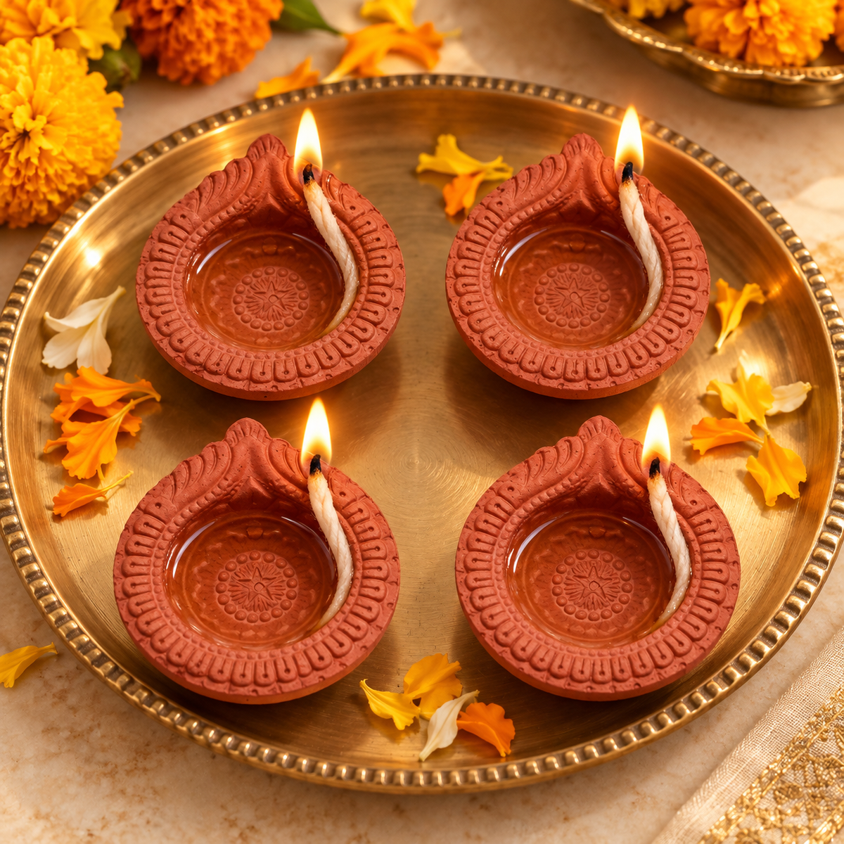 Terracotta diyas for Diwali decor
Natural clay handmade diyas
Set of four traditional Indian diyas
Cotton wicks included with diyas
Festive home and puja decoration
Uphar Handicrafts