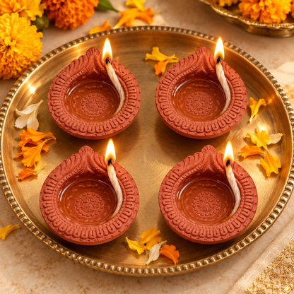 Terracotta diyas for Diwali decor
Natural clay handmade diyas
Set of four traditional Indian diyas
Cotton wicks included with diyas
Festive home and puja decoration
Uphar Handicrafts