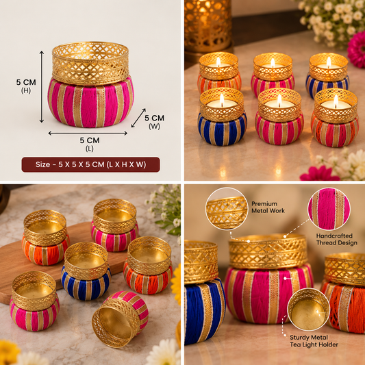 Thread tealight candle holder set of six by Uphar Handicrafts
Round holders made from metal and decorative thread
Gold-tone metal jali cups with hand-wrapped thread bases
Gold trim adds a traditional decorative finish
Handcrafted candle holders designed for standard tealight candles
Festive table decor for Diwali and special occasions
Uphar Handicrafts