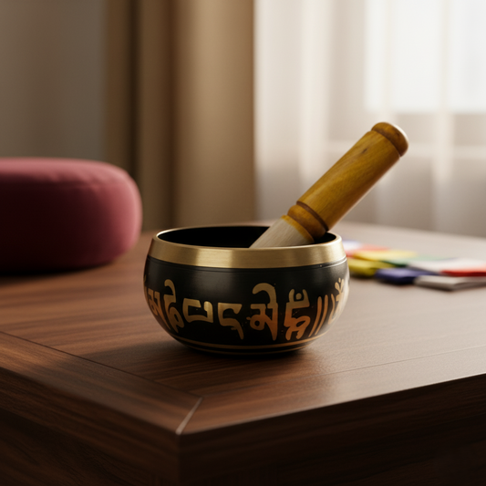 Tibetan OM Singing Bowl
Golden Black Metal Meditation Bowl
Engraved OM Symbol Spiritual Design
Handcrafted Singing Bowl
Includes Wooden Striker Stick
Yoga Meditation and Mindfulness Practice
Uphar Handicrafts