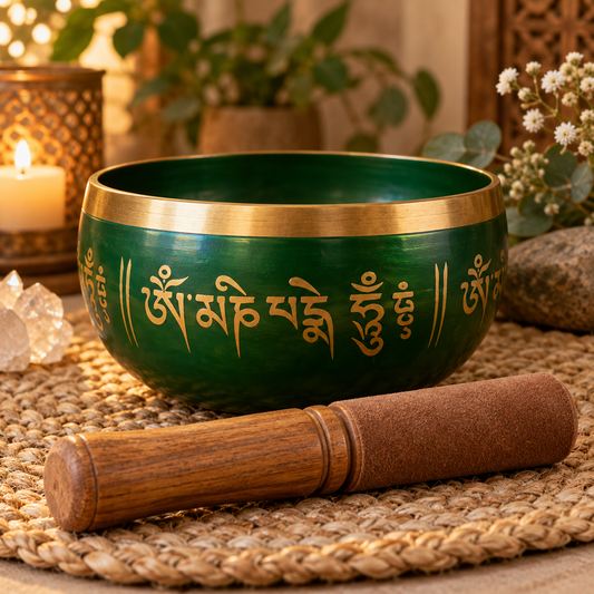 Tibetan singing bowl with wooden mallet by Uphar Handicrafts
Traditional metal meditation bowl with wooden striker
Round singing bowl with gold-tone polished rim
Gold lettering decorates the painted exterior
Handcrafted and hand-finished spiritual accessory
Five-inch Tibetan-inspired bowl for meditation and yoga
Uphar Handicrafts