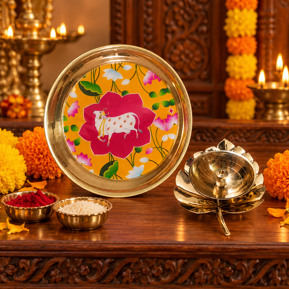 Traditional brass puja plate and lotus diya combination
Set includes one round plate and one brass diya
Hand-painted Pichwai-style decorative artwork
Cow and floral motifs add traditional character
Suitable for kumkum, flowers and prasad
Useful for puja arrangements and aarti rituals
Uphar Handicrafts