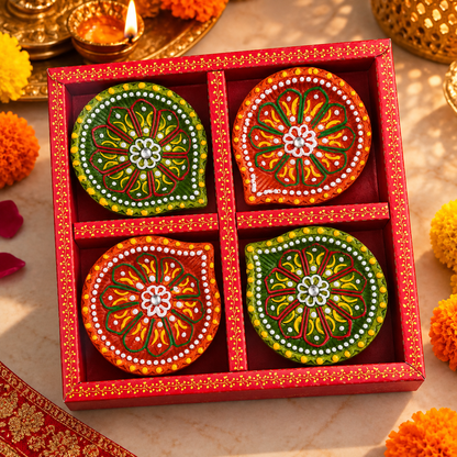 Set of four traditional handmade clay diyas
Green and red diyas with floral hand-painted designs
Decorative stone detailing on festive clay diyas
Handmade diya set arranged for gifting
Traditional Indian diyas for pooja and celebrations
Decorative diya gift set for Diwali and weddings
Uphar Handicrafts