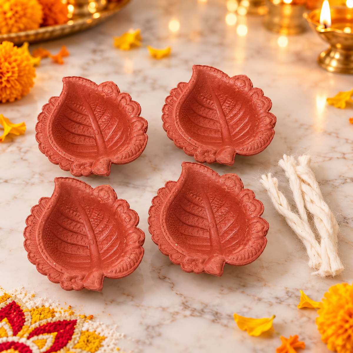 Traditional Indian clay diyas
Handmade natural terracotta diyas
Set of four festive diyas
Cotton wicks for diya lighting
Indian festival decoration
Uphar Handicrafts